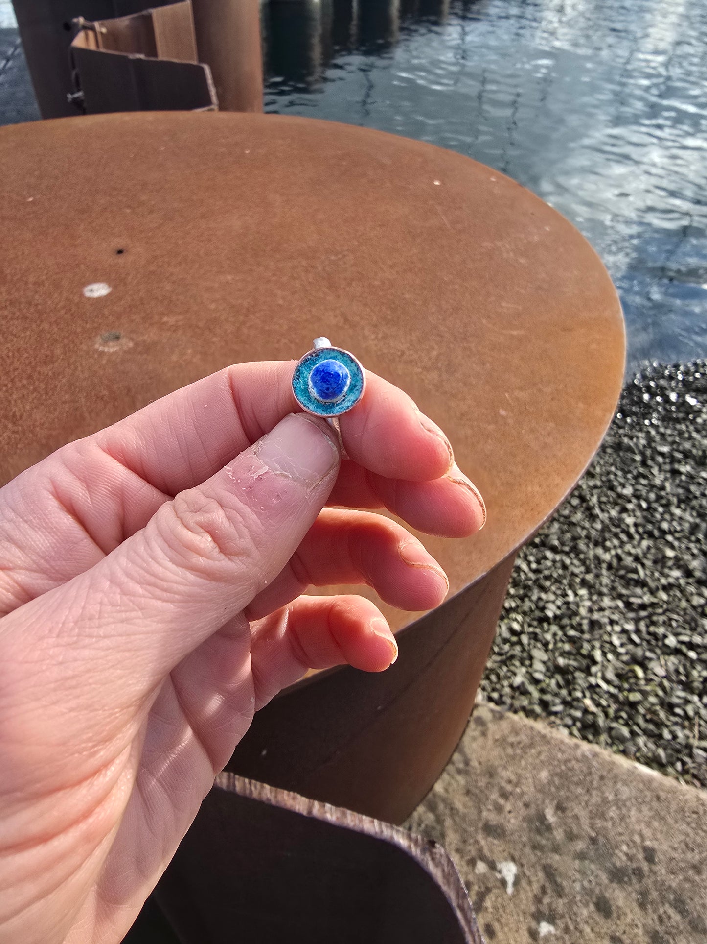 Blue and green enamelled ring.