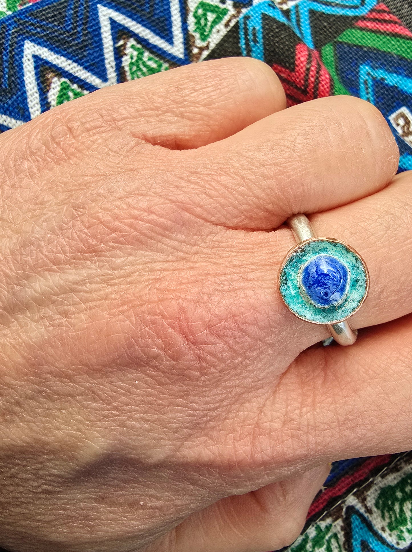 Blue and green enamelled ring.