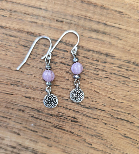 Lilac Czech glass and hematite dangly earrings with flower pendants