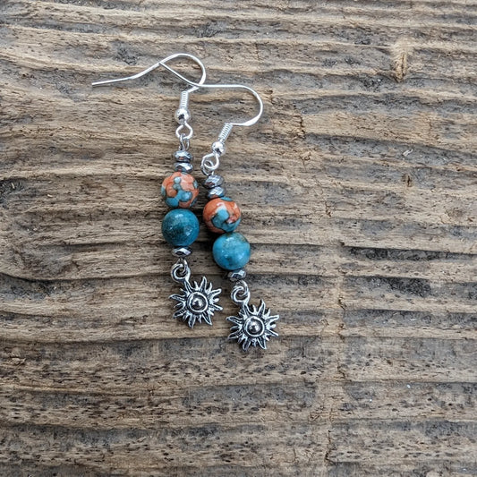 Ocean Jade, Hematite starburst dangly earrings