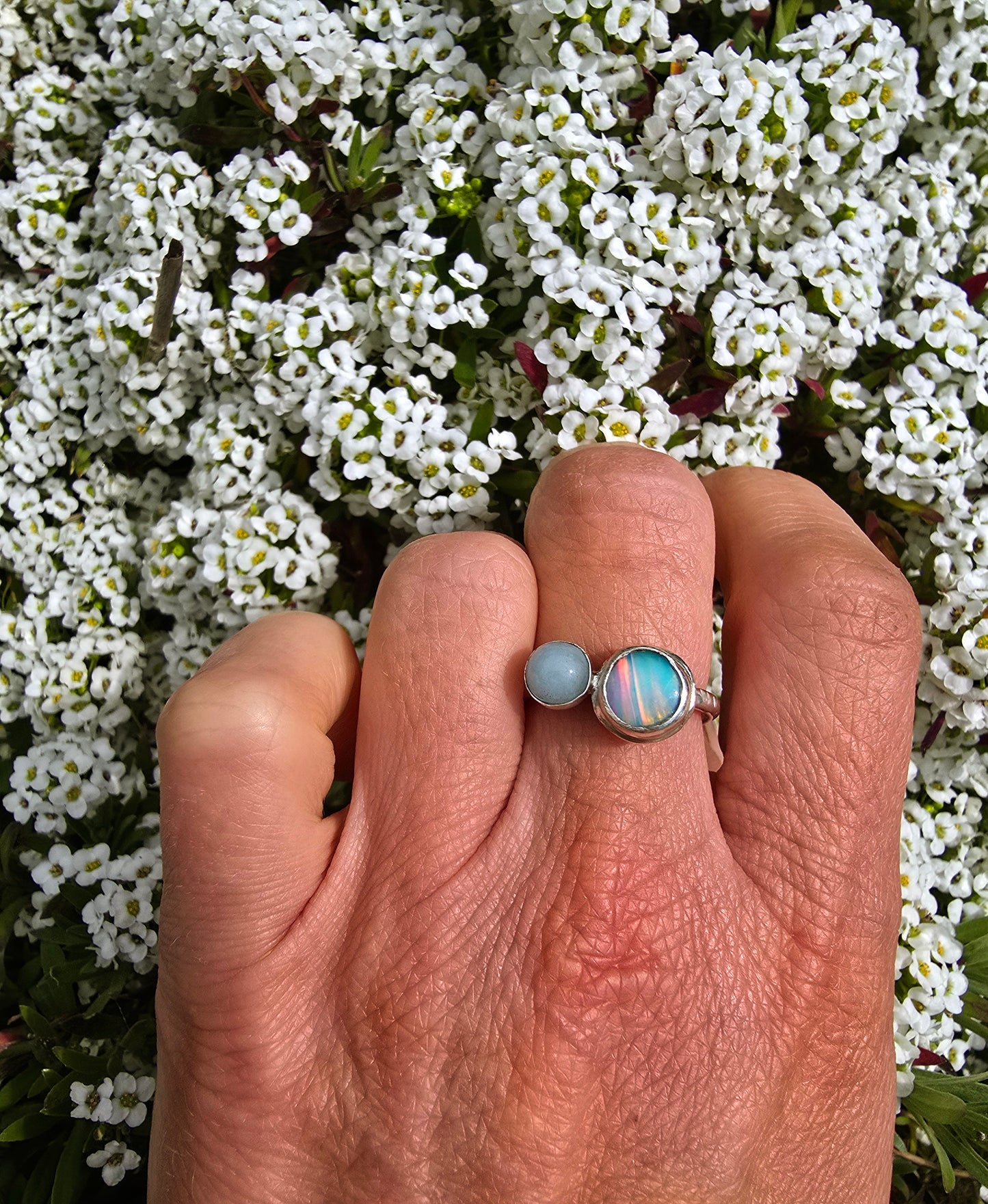 Aurora Opal and Jade Sterling Silver Ring
